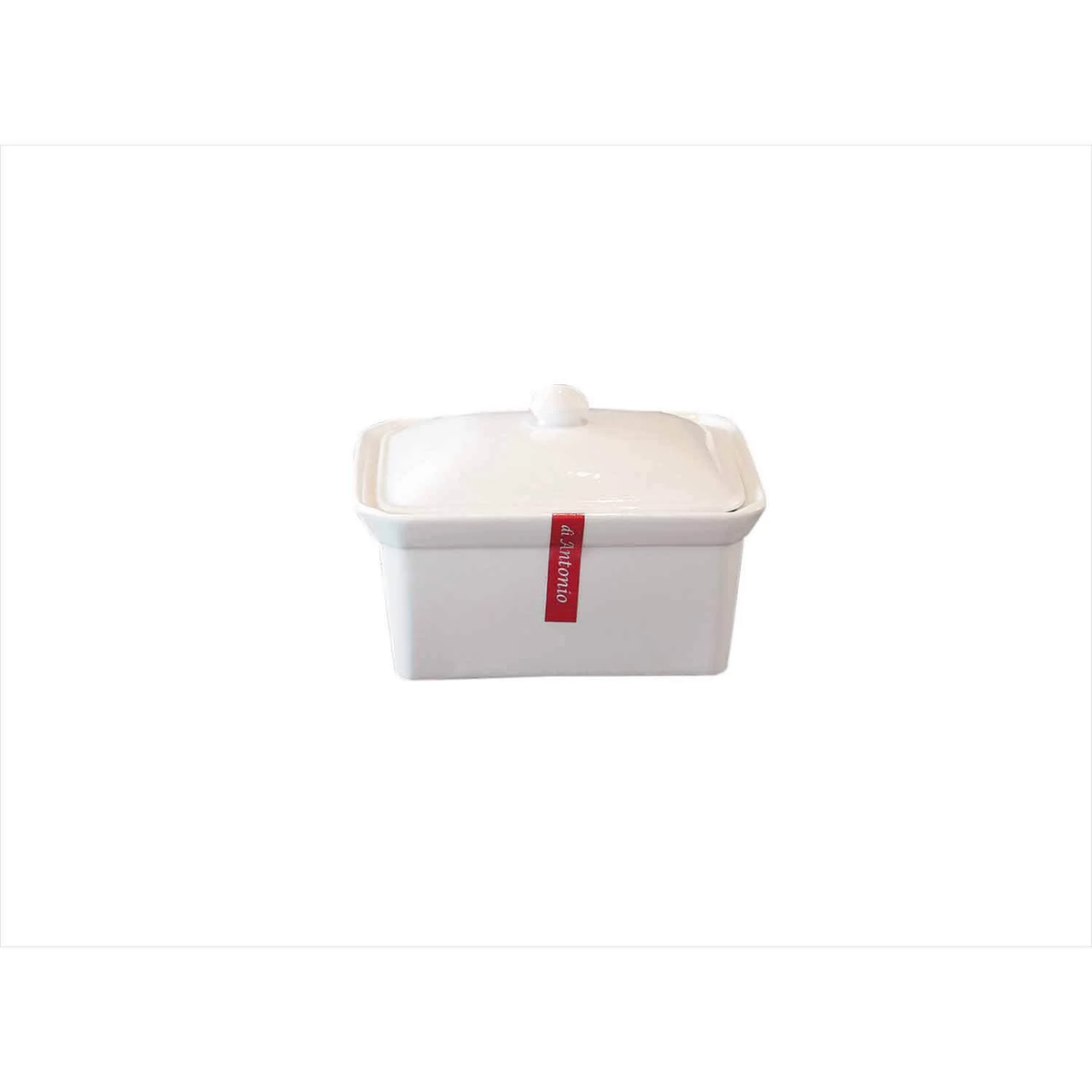 Di Antonio porcelain butter holder in white with a lid and a red ribbon tag