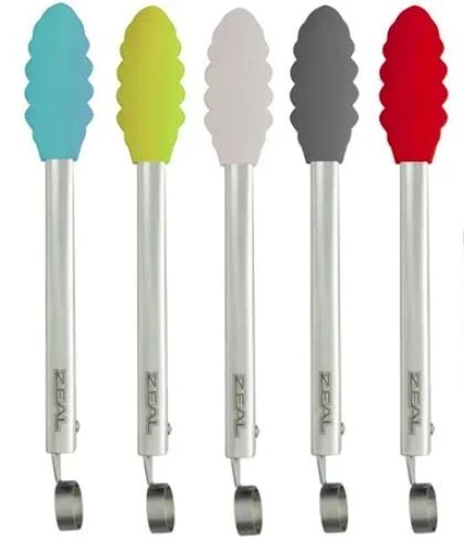 Zeal mini tongs in blue, lime, cream, grey and red with steel handles and silicone tips