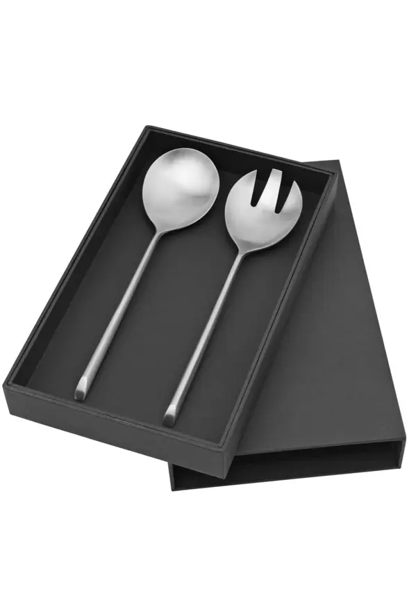 Broste Sletten salad server set, a matt steel spoon and fork in a black gift box
