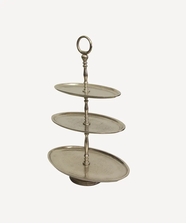 French Country oval three tier cake stand in aged brass with a ring handle