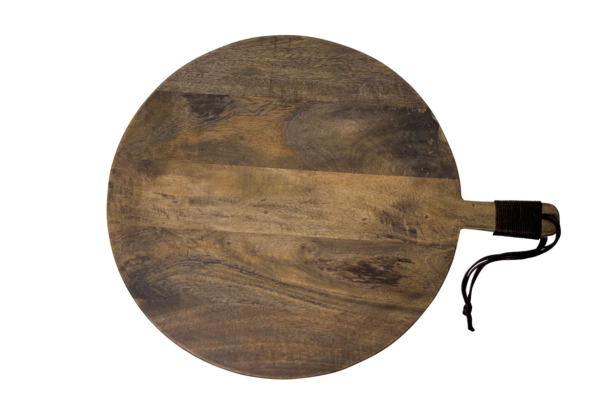 Maytime round serving board in dark wood with a leather-wrapped handle and a hanging cord