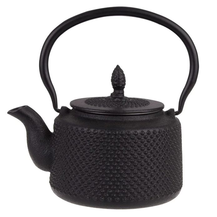Teaology cast iron tall hobnail teapot in black with a textured dotted body