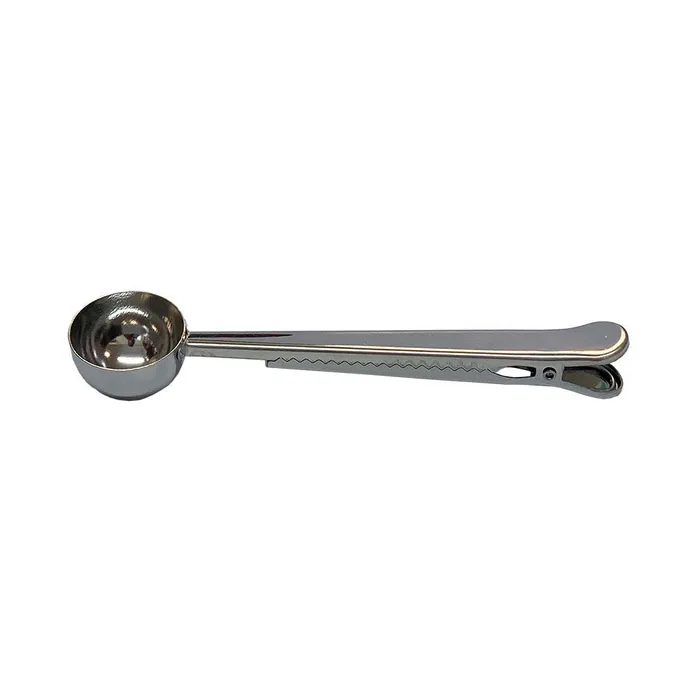 Zitos stainless steel coffee scoop with a built-in bag clip on the handle