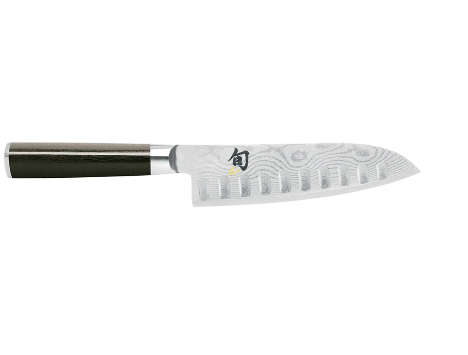 Kai Shun Classic Granton santoku knife, 18cm, with a Damascus blade and a dark handle