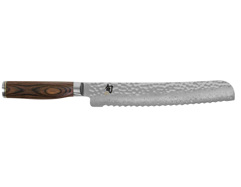Kai Shun Premier bread knife, 23cm, with a hammered Damascus blade and a wooden handle