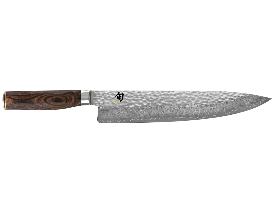 Kai Shun Premier chef's knife, 25cm, with a hammered Damascus blade and a dark wood handle