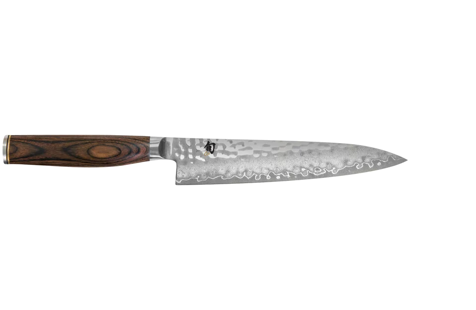 Kai Shun Premier utility knife, 16cm, with a hammered Damascus blade and a wood handle