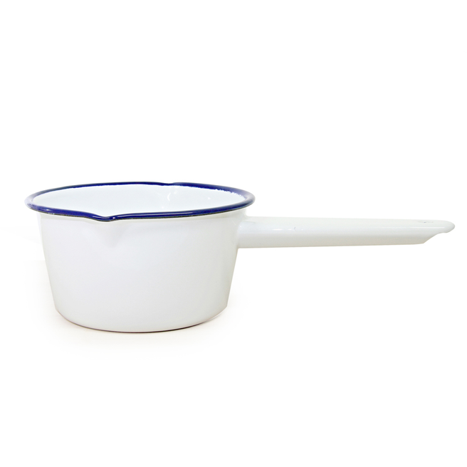 Falcon Enamelware milk pan in white with a blue rim and a long handle