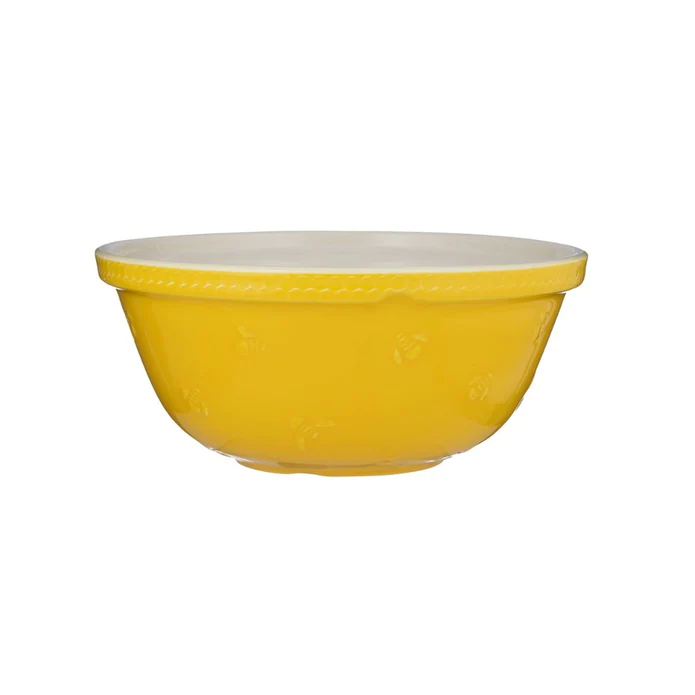 Mason Cash Sweet Bee mixing bowl in yellow with an embossed bee design and a cream interior