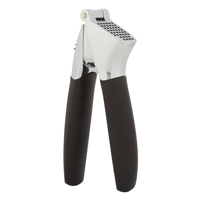 OXO Good Grips garlic press with black handles and a chrome head