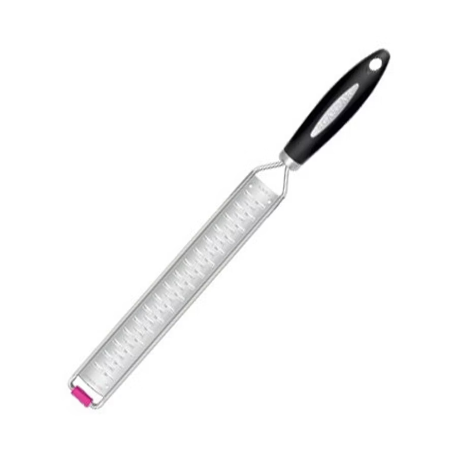 Scanpan Ribbon rasp grater with a black handle and a pink-tipped blade