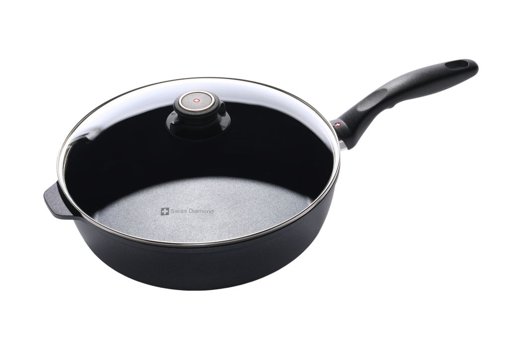 Swiss Diamond 28cm saute pan in black non-stick with a glass lid and a long handle