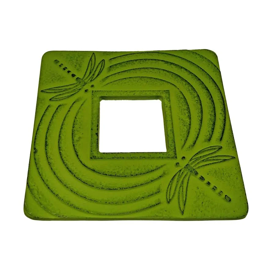 Teaology cast iron trivet in green with a Dragonfly swirl pattern and an open square centre