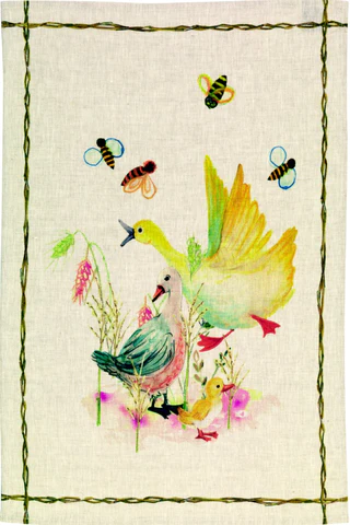 Tessitura Toscana Telerie linen tea towel with watercolour geese and bees on natural linen