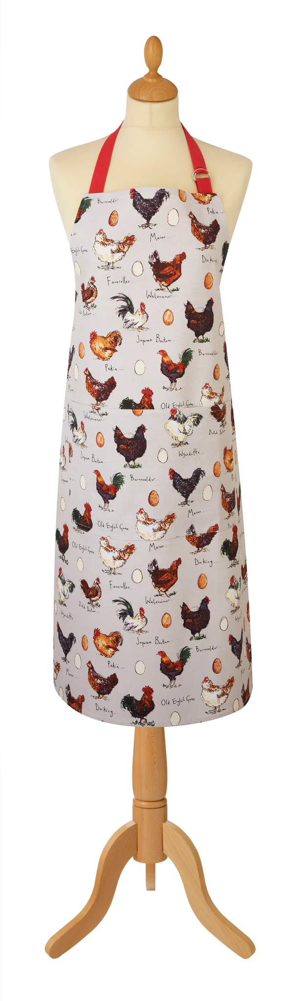 Ulster Weavers cotton apron with a chicken and egg print, shown on a dress form