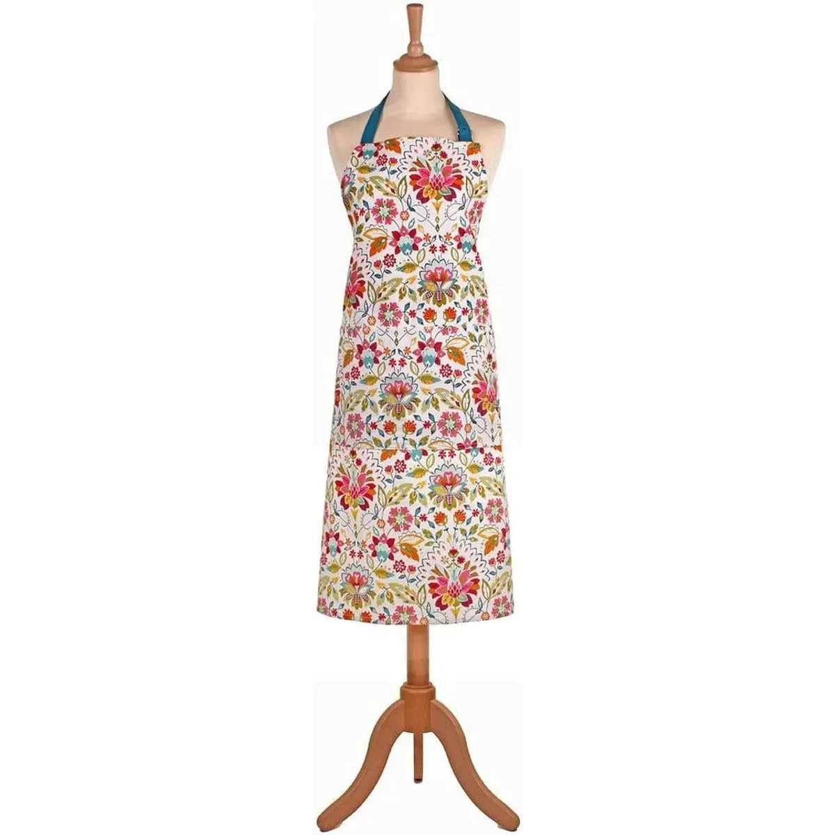 Ulster Weavers Bountiful Floral cotton apron with red and pink flowers, shown on a mannequin