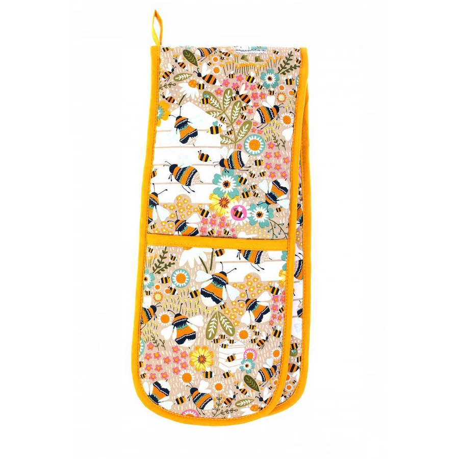 Ulster Weavers Bee Keeper double oven glove with bees and flowers on cream with yellow binding