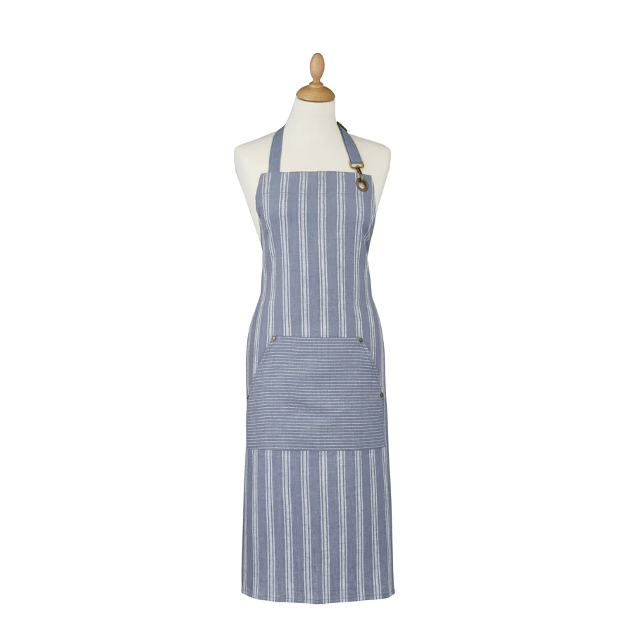 Ulster Weavers linen apron with blue and white vertical stripes and a front pocket, shown on a mannequin