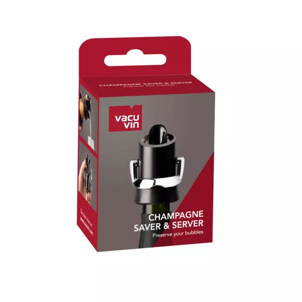 Vacu Vin Champagne Saver & Server, a black pump stopper shown on its retail box