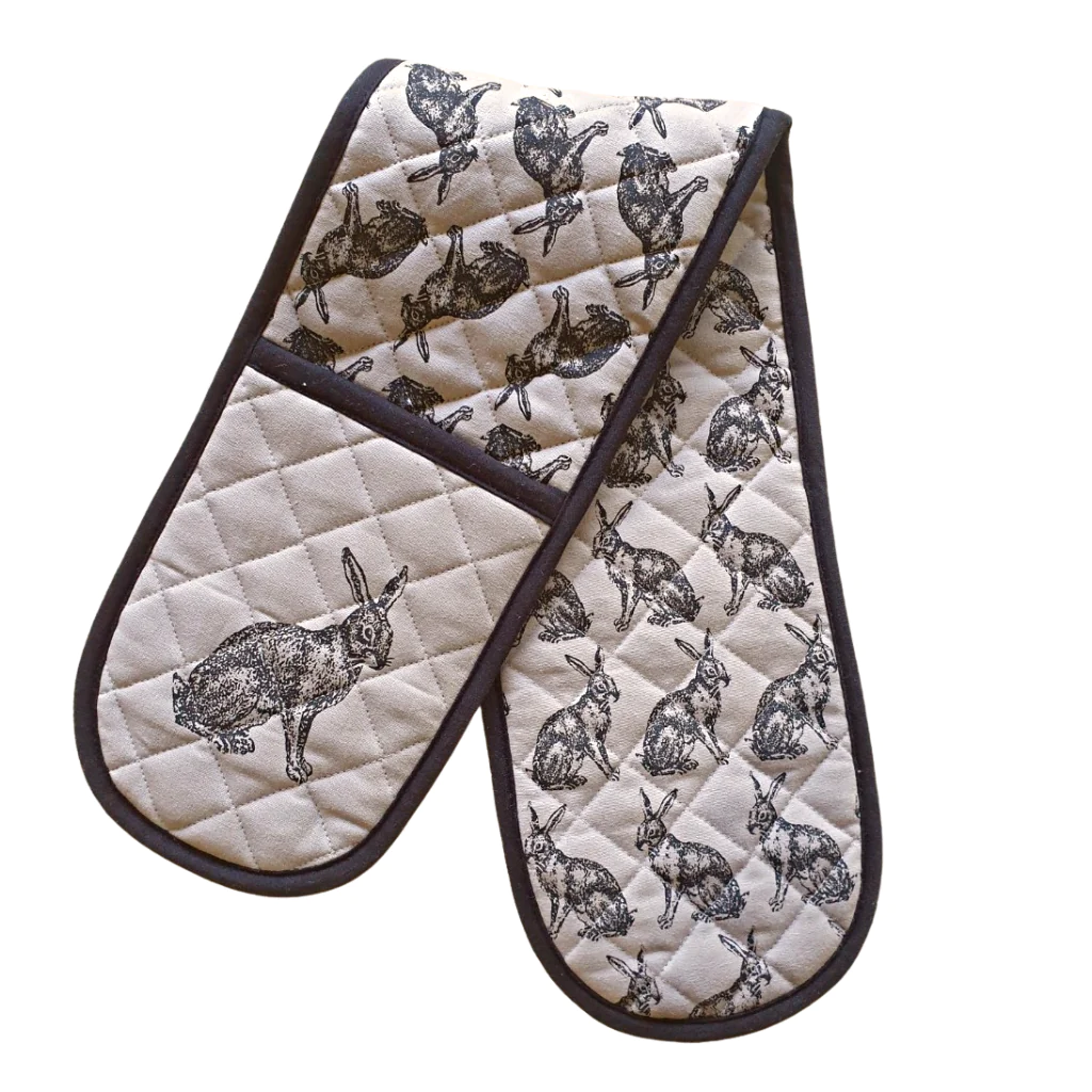 Hot House double oven mitt in natural cotton with a quilted pattern of hares and brown binding