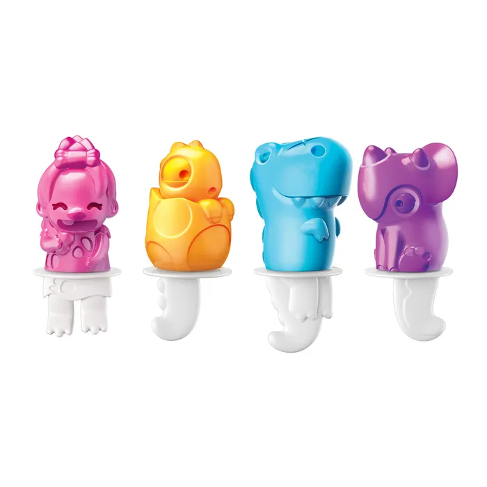 Zoku Dinosaur Pops, four silicone popsicles in pink, orange, blue and purple with white sticks