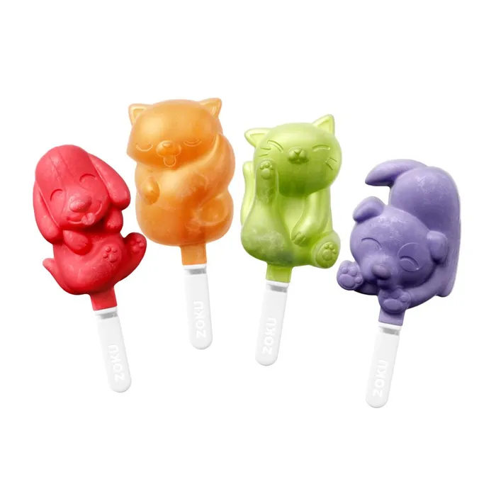 Zoku Cat & Dog Pops, four silicone popsicles in red, orange, lime and purple shaped like dogs and cats on white sticks