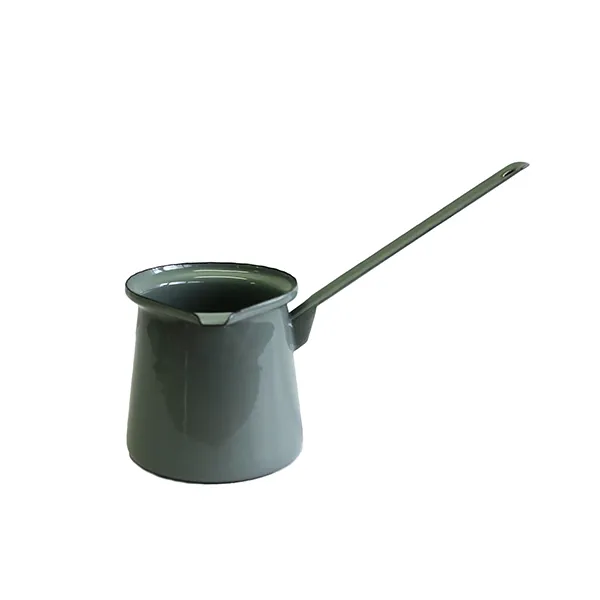 Dishy enamelware butter melter in tarragon green with a long handle