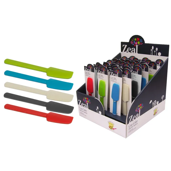 Zeal mini silicone spatulas in assorted colours, shown on their retail display stand