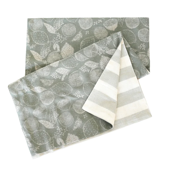 Raine & Humble Lemon Marmalade table runner with a grey lemon print and cream stripe ends