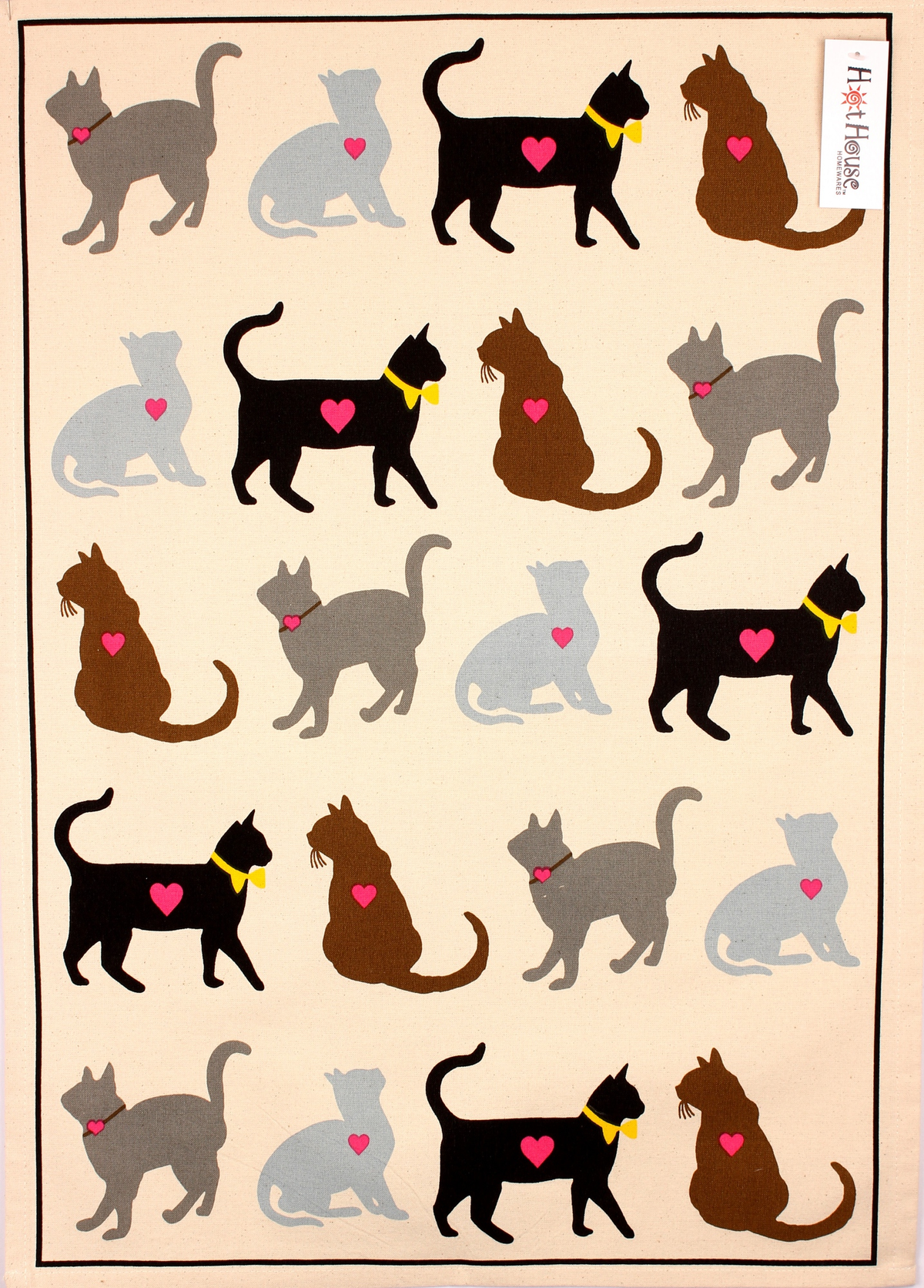 HotHouse Luv Cats tea towel with an illustrated pattern of cats and hearts