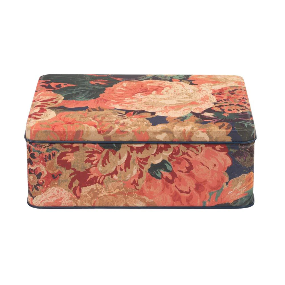 Sanderson deep rectangular tin with a Rose & Peony floral pattern in coral and cream