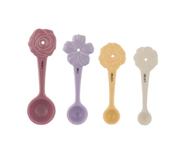 Mason Cash In The Meadow measuring spoon set of four with flower shaped handles in pink, lilac, yellow and cream
