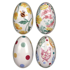 Emma Bridgewater egg tins, four egg-shaped tins with bee, hare, hen and polka dot designs