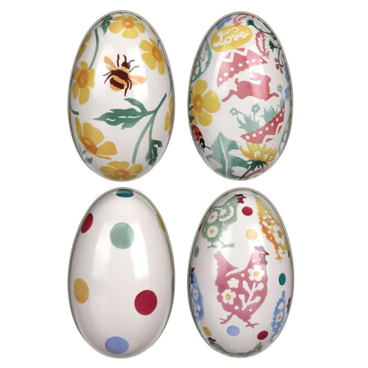 Emma Bridgewater egg tins, four egg-shaped tins with bee, hare, hen and polka dot designs