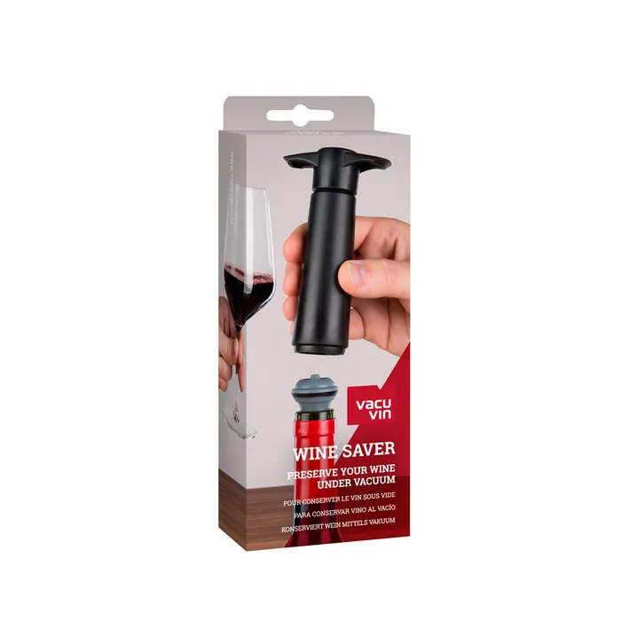 Vacu Vin wine saver pump and stoppers in a retail box with a hand pumping a wine bottle