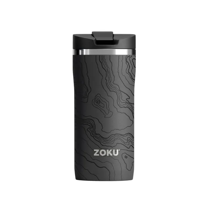 Zoku stainless steel travel mug, 355ml, in black with a topographic contour pattern and a flip lid
