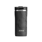 Zoku stainless steel travel mug, 355ml, in black with a topographic contour pattern and a flip lid