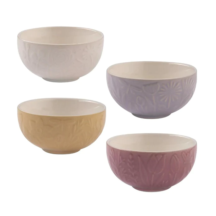 Mason Cash In The Meadow prep bowls, a set of four in cream, lilac, mustard and mauve with embossed flowers