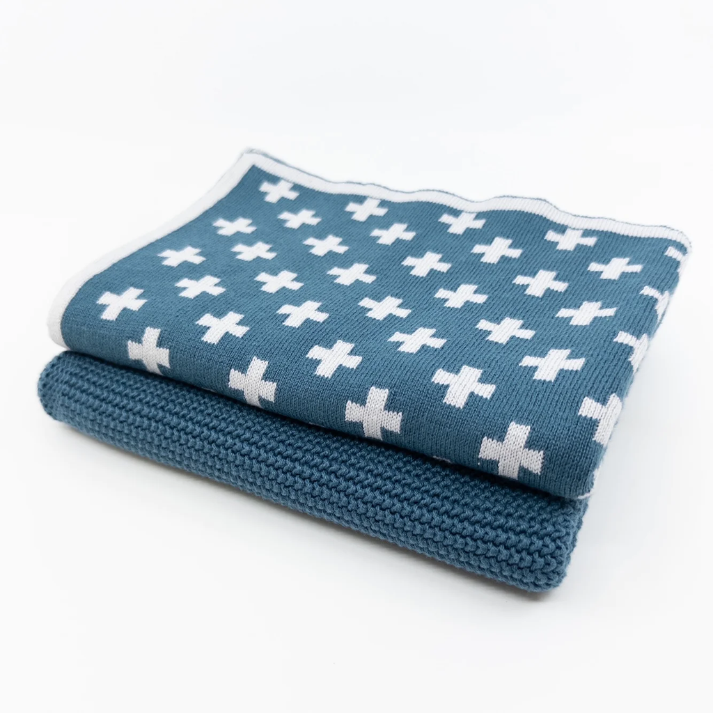 Ecovask kitchen towel combo in teal with white crosses, with a matching knitted cloth