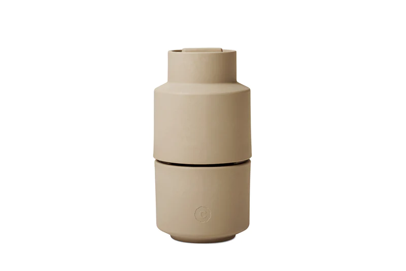 CrushGrind Billund grinder in a matte sand colour with two stacked cylinder sections