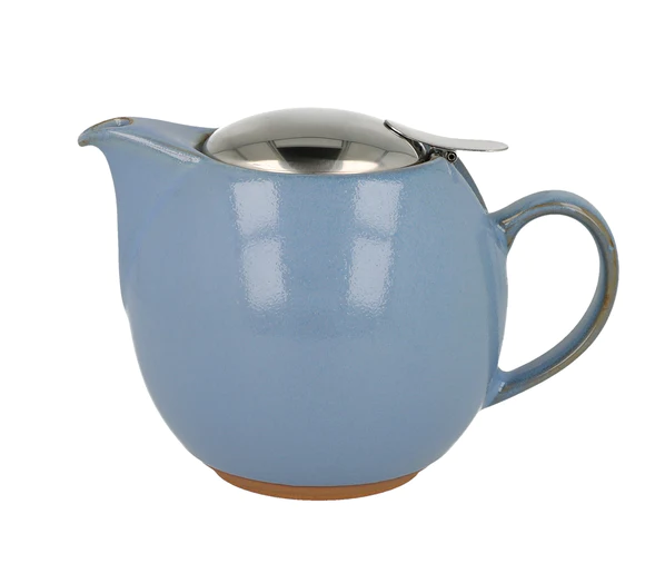 Zero 680ml teapot in blue with a stainless steel lid and an unglazed base