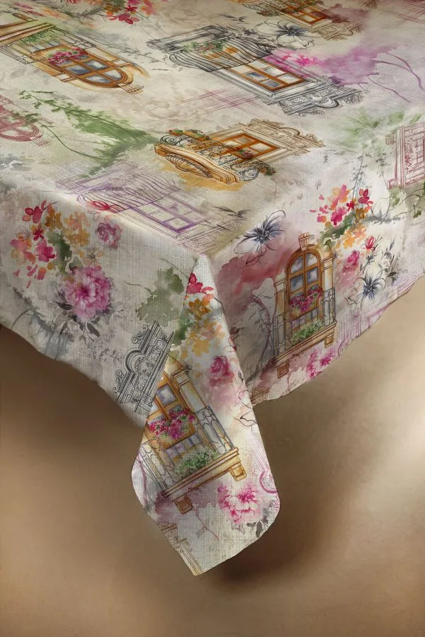Telene Finestre linen tablecloth with a print of Italian windows and pink and green flowers