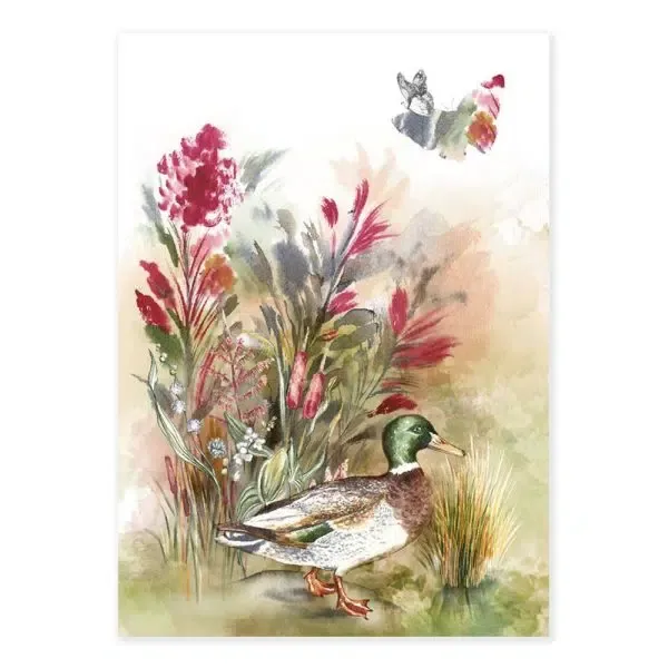 Telene Ninfea linen tea towel with a painted duck and floral waterlife scene