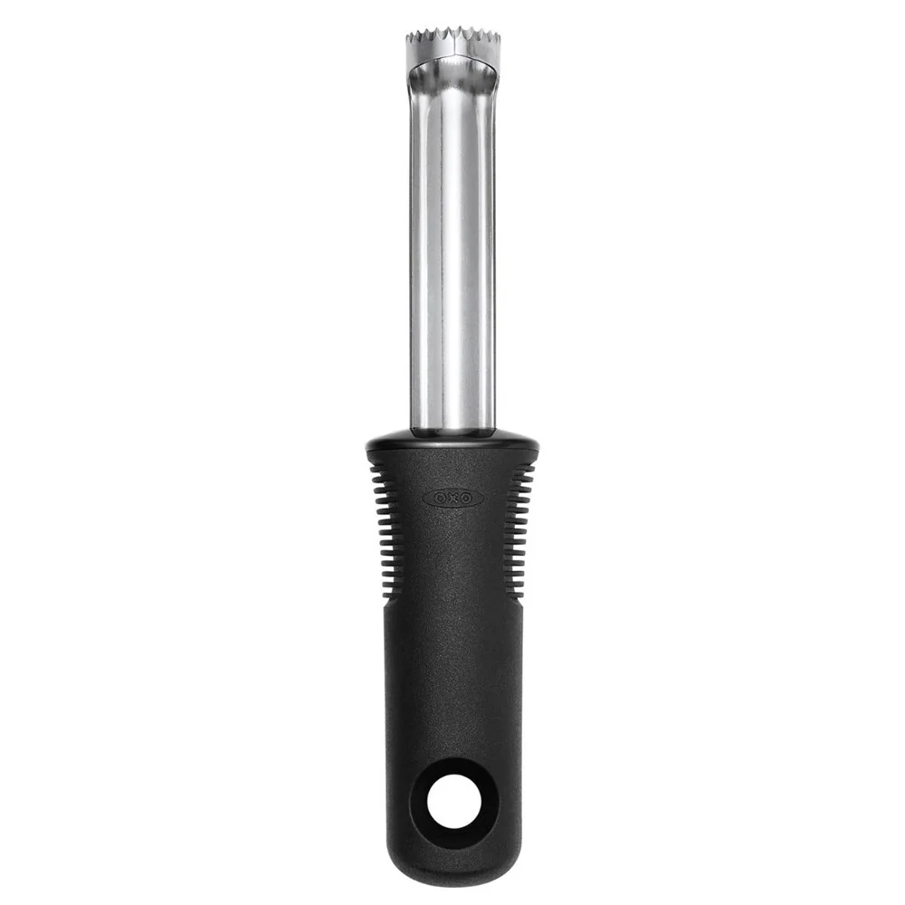 OXO Good Grips apple corer with a stainless steel tube and a black handle