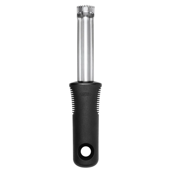 OXO Good Grips apple corer with a stainless steel tube and a black handle