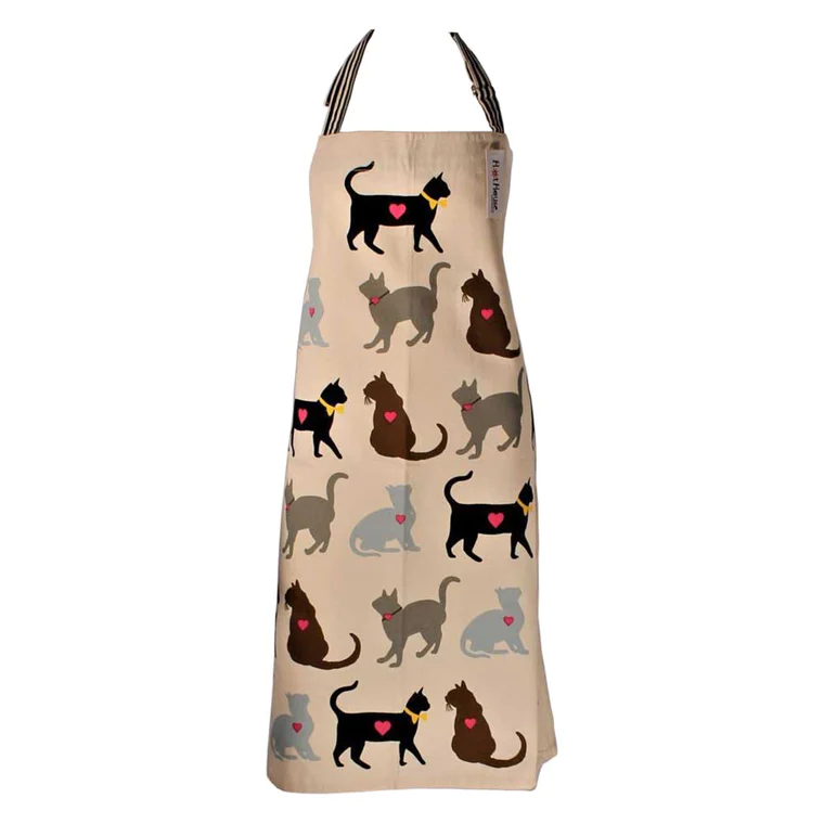 HotHouse Luv Cats apron in beige with black, grey and brown cats wearing pink heart tags
