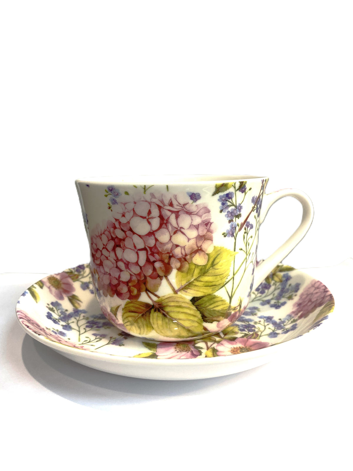 Heritage Mild Summer breakfast cup and saucer with a pink hydrangea pattern