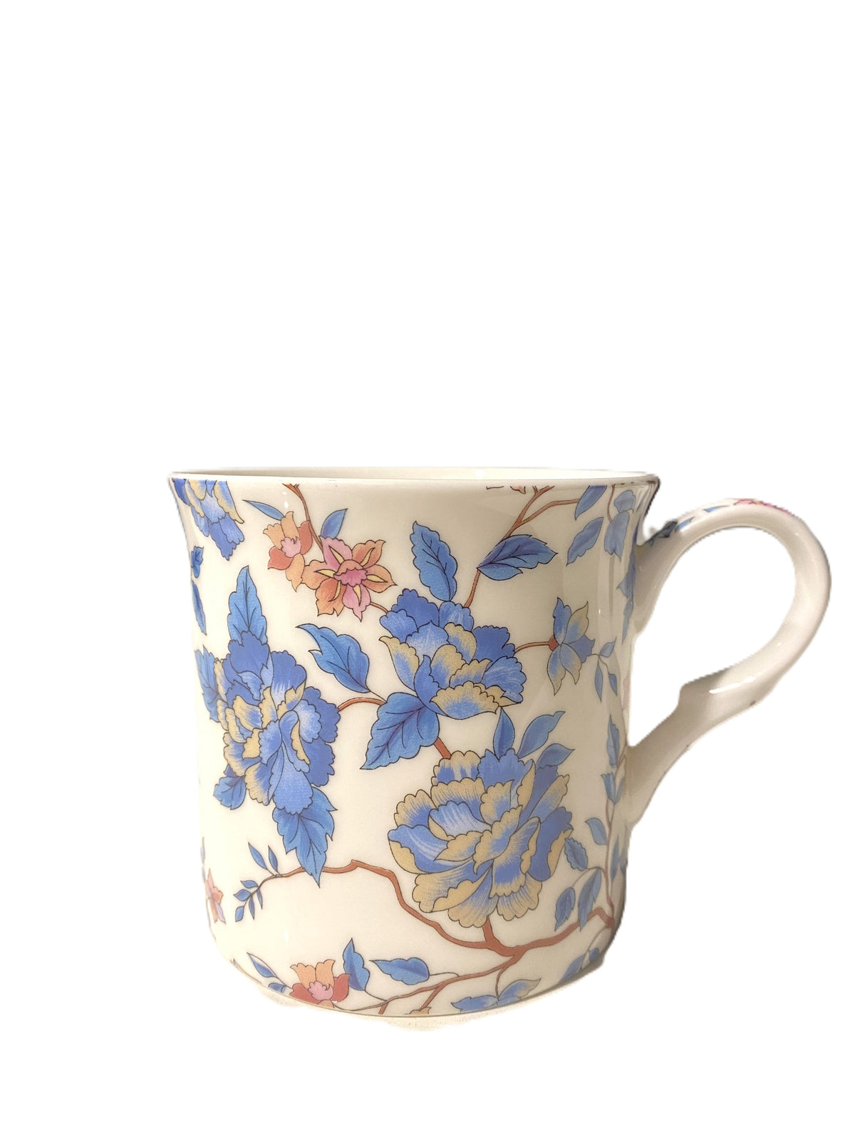 Heritage Princess mug in bone china with a Tahiti pattern of blue flowers and orange blossoms on cream