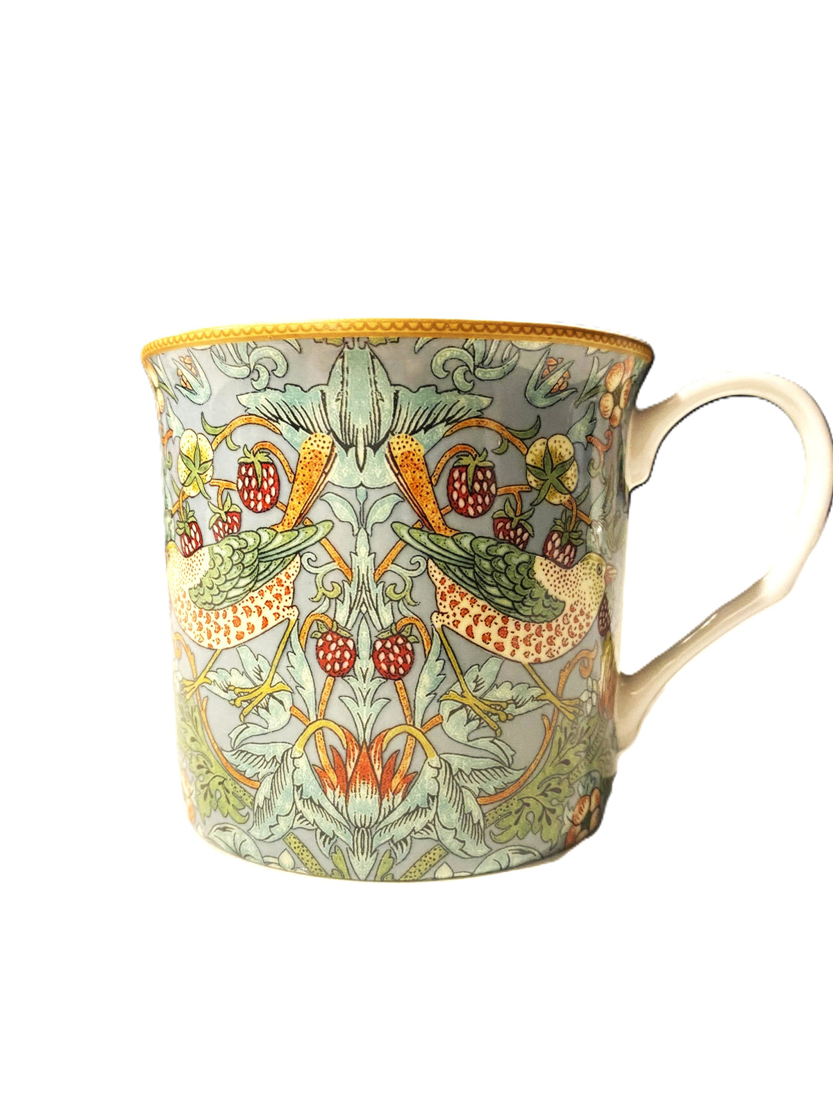 Heritage Princess mug in bone china with a William Morris Strawberry Thief pattern in aqua