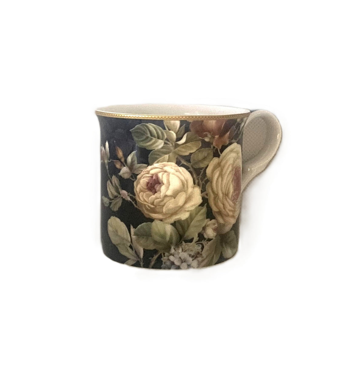 Heritage Palace mug in black with a large cream rose design and a gold rim